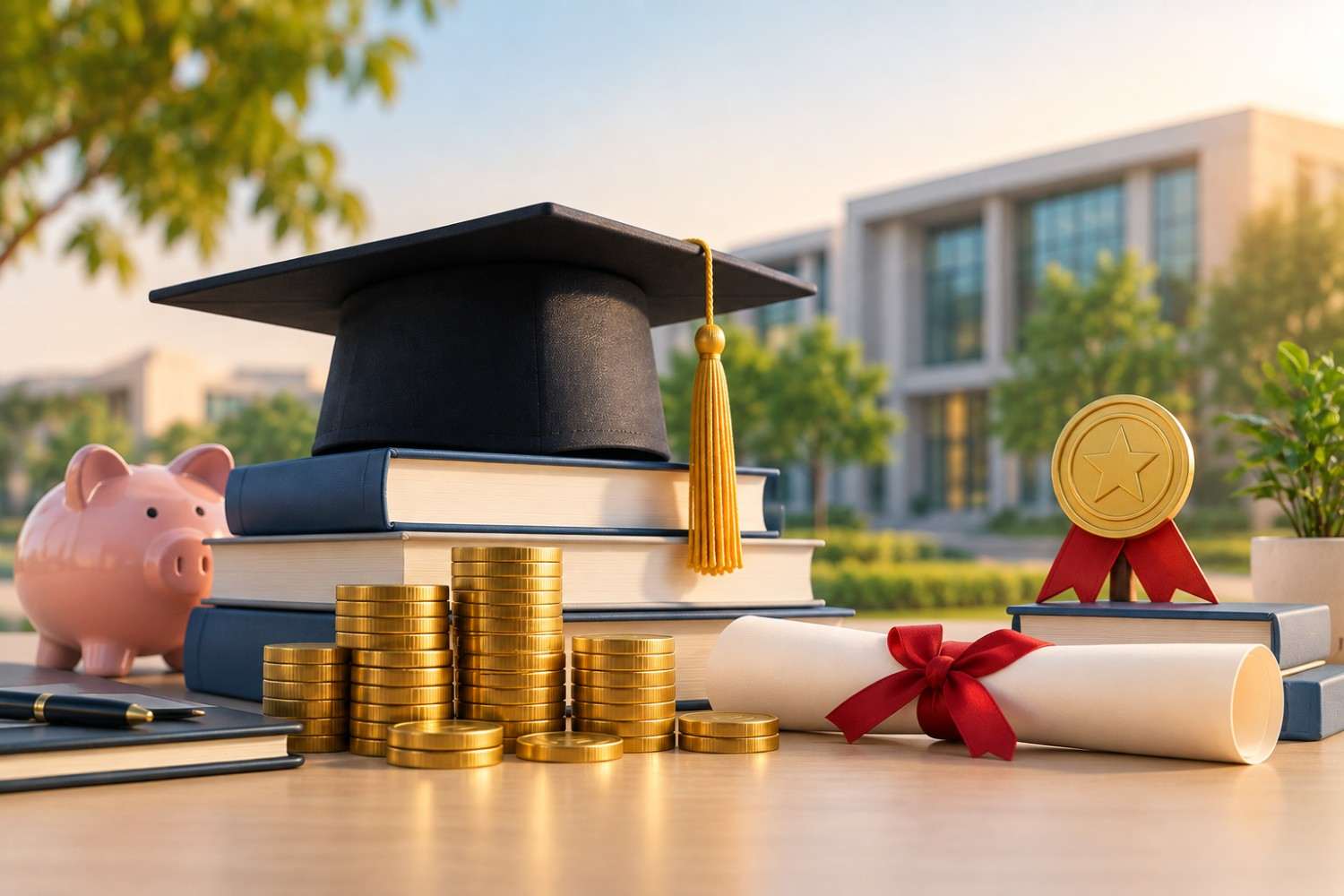 Graduation cap, books, coins, piggy bank, diploma and achievement medal representing scholarships and financial support for BITSoM MBA fees.